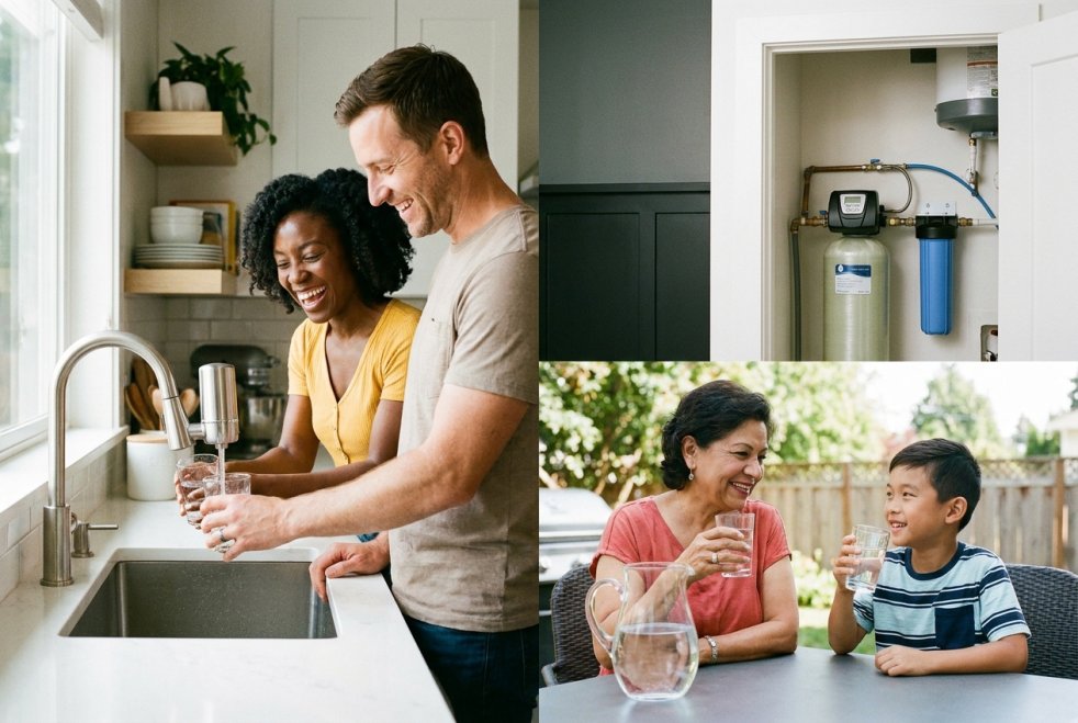 Happy diverse families drinking filtered water at home with a residential water filtration system